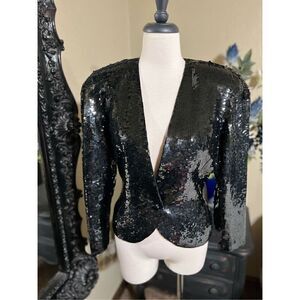 Vintage Black Sequin Silk Jacket Miss Jackson's Size Small